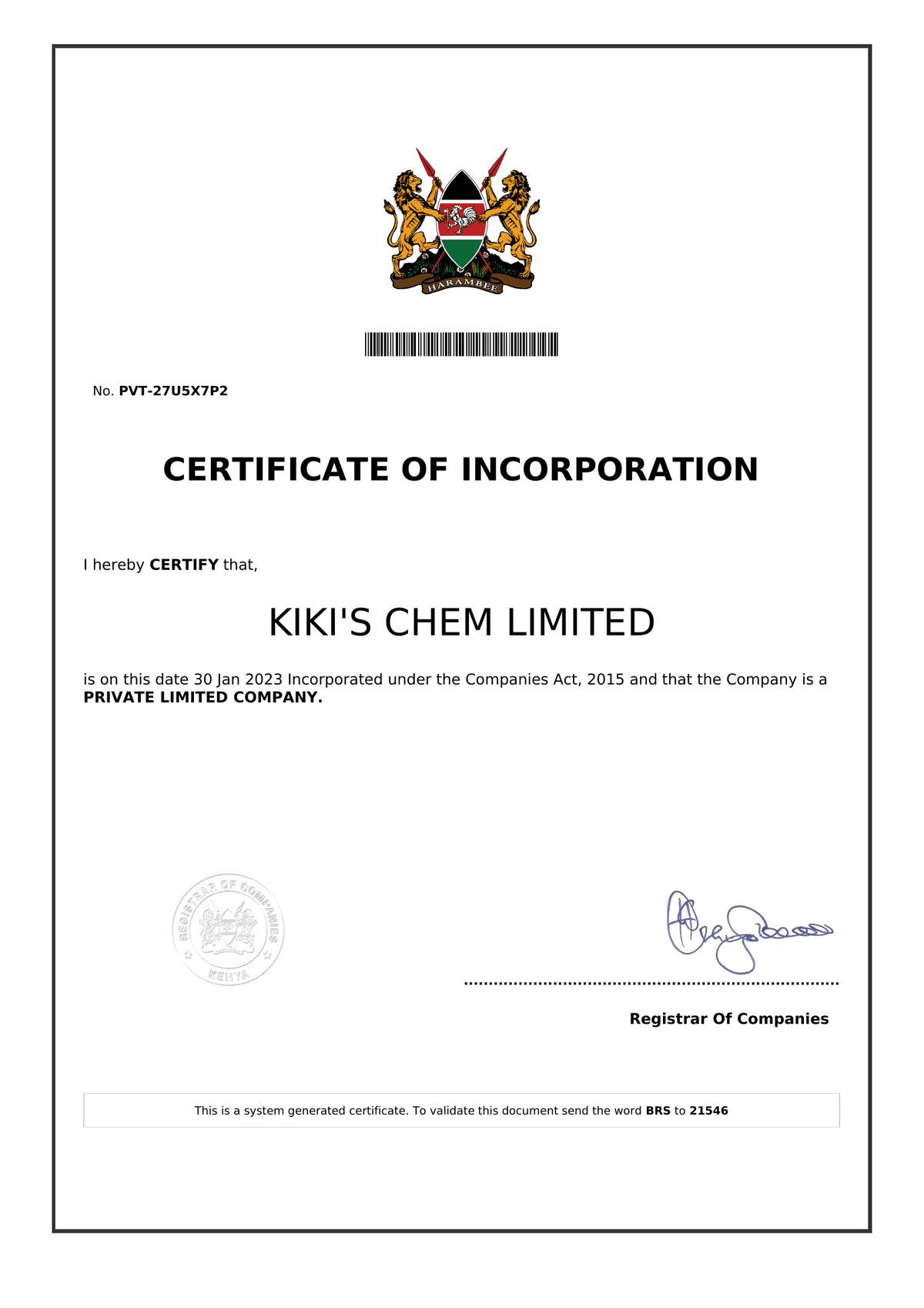 Certificate of Incorporation - KIKI'S CHEM LIMITED