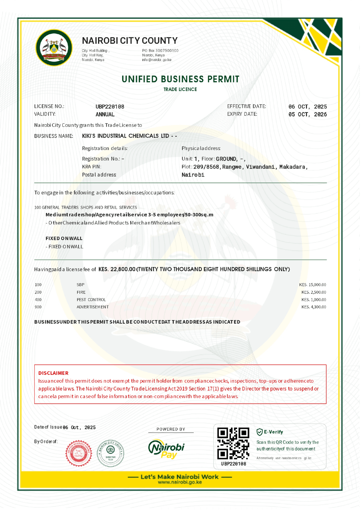 Nairobi City County Unified Business Permit - KIKI'S INDUSTRIAL CHEMICALS LTD