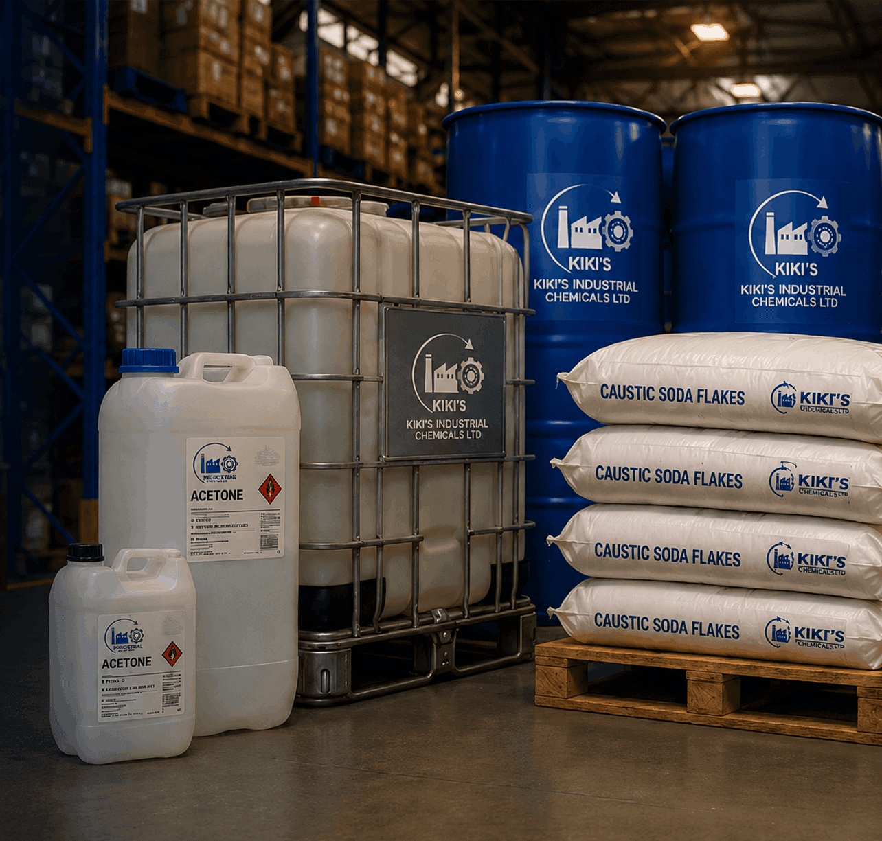 Industrial chemicals stocked at KIKI'S Nairobi warehouse for supply across Kenya and East Africa