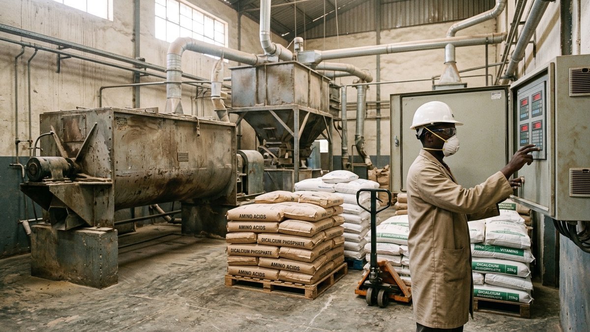 Feed mill operator managing ribbon blender and micro-ingredient premix batching in Nakuru, Kenya