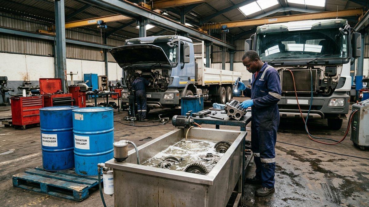 Fleet workshop mechanics operating parts washing degreasing immersion bath in Nairobi Industrial Area