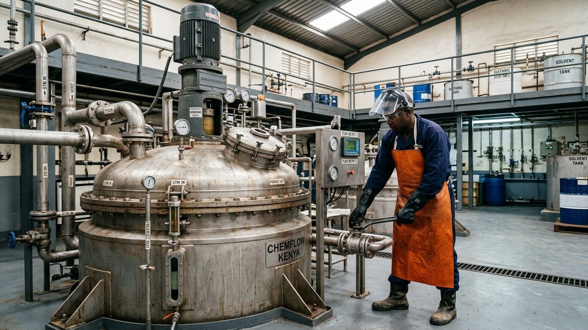 Chemical plant operator in safety PPE monitoring reaction kettle manifold and agitator in Athi River, Kenya