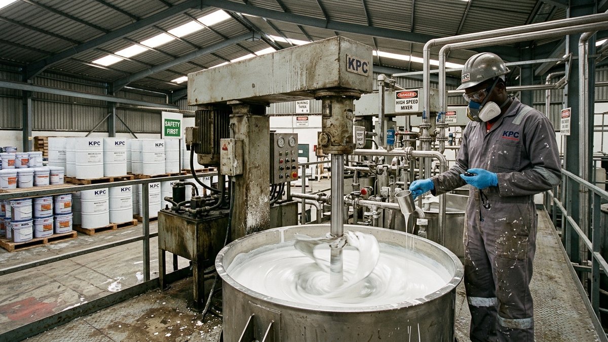 Coatings technician operating high-speed disperser mixing white paint emulsion in stainless steel batch vessel