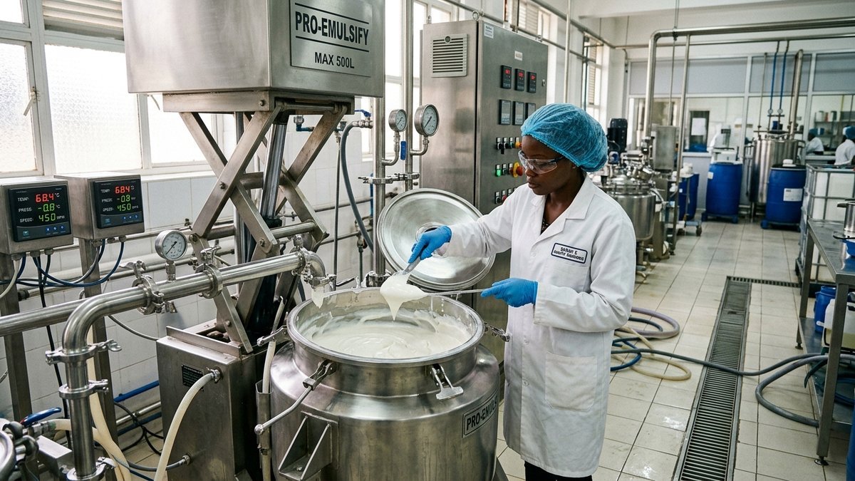 Cosmetics formulation technician evaluating batch consistency from stainless vacuum homogenizer in Nairobi