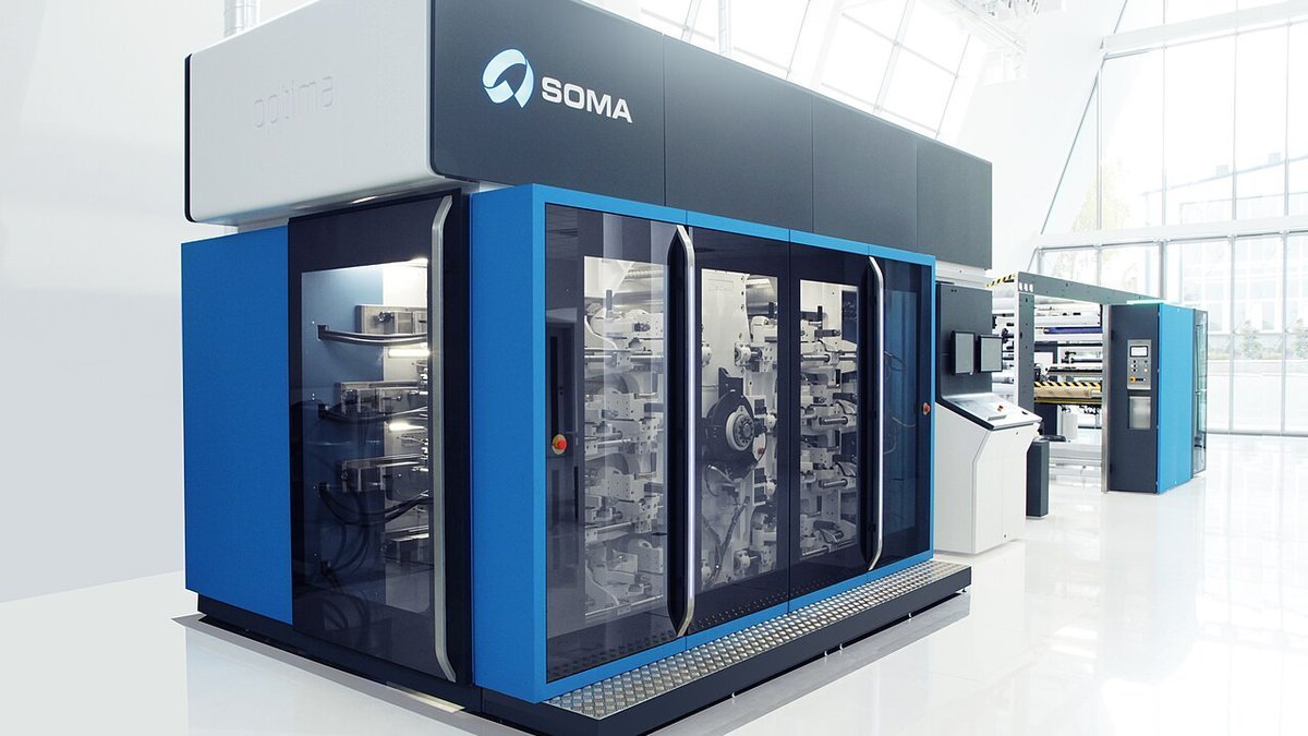 Modern flexographic printing press for flexible packaging and film conversion in an industrial facility