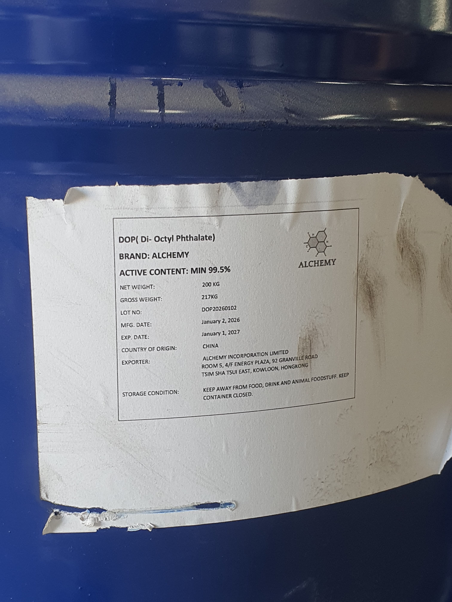DOP - Dioctyl Phthalate (Plasticizer 99.5% min, Standard Packaging) in commercial industrial packaging